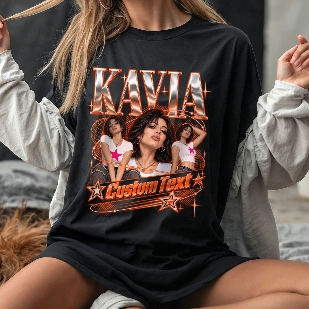 Custom Photo T-Shirt Y2K Star Glow Graphic Tee Personalized Picture Name Apparel