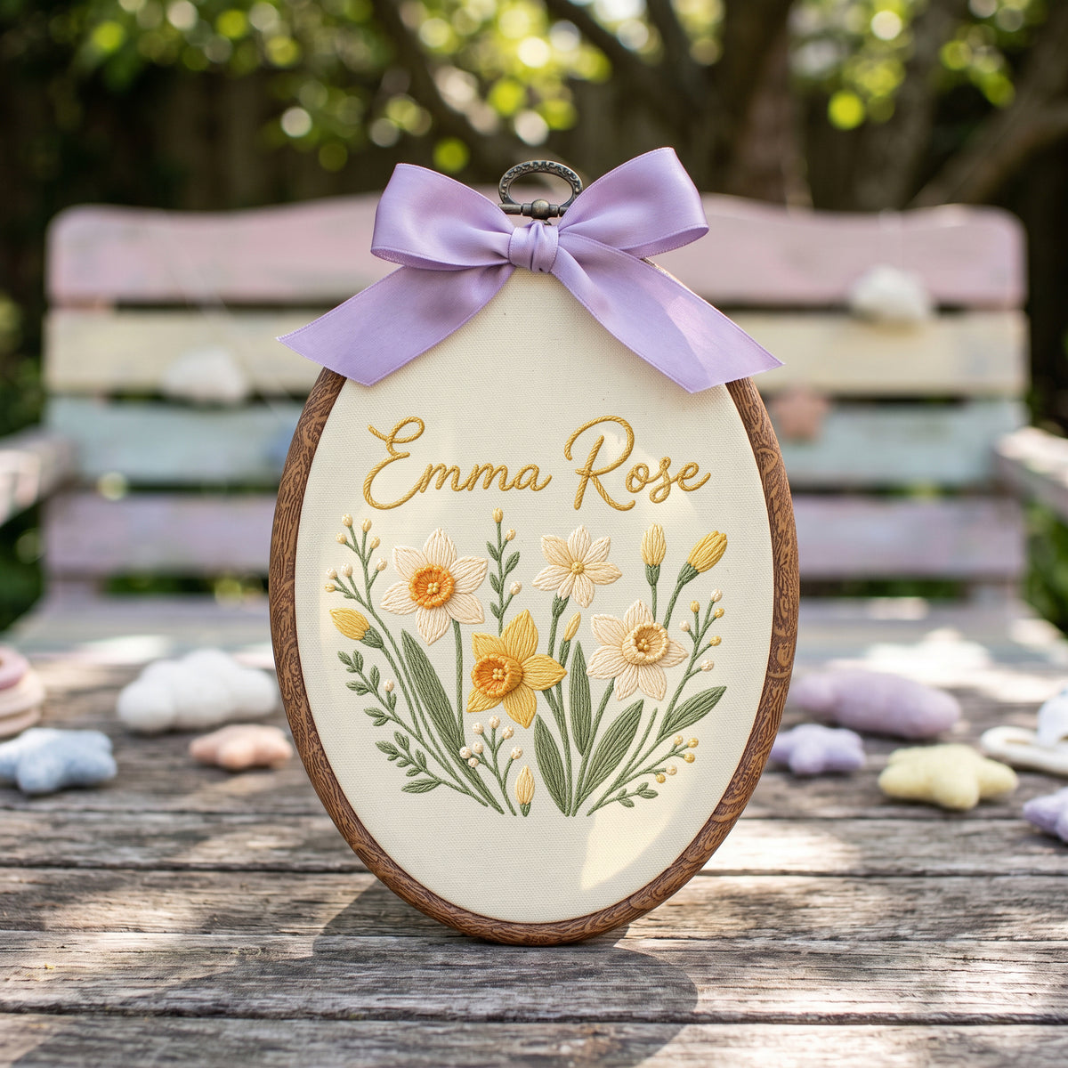 Personalized Yellow Daffodil Gingham Check Embroidery Hoop Art Nursery Decor Keepsake