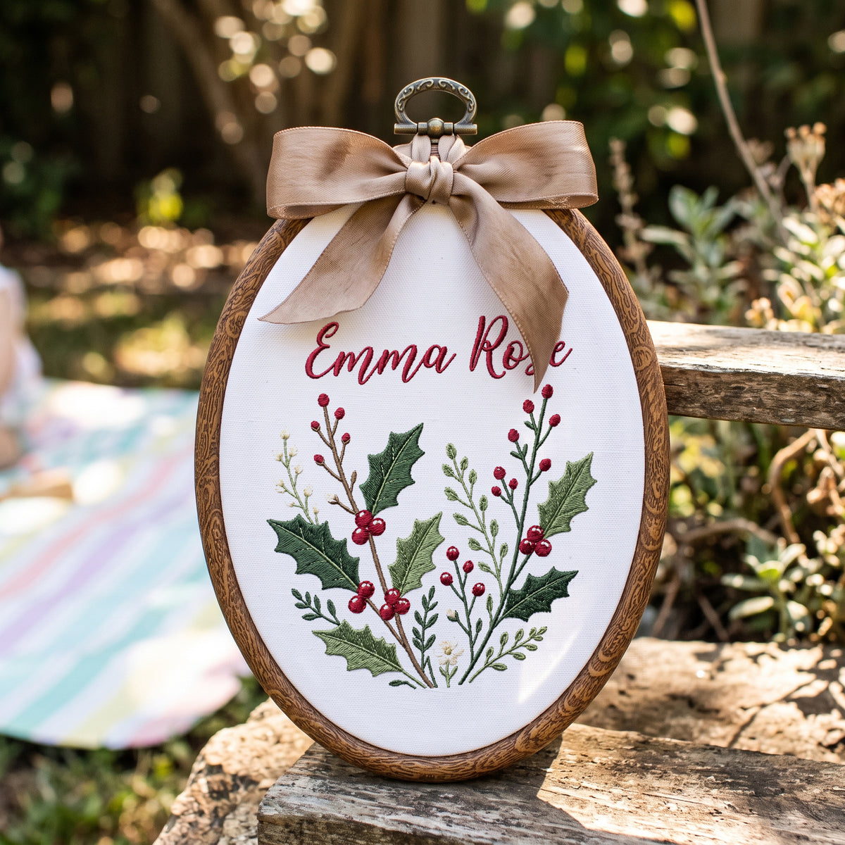 Personalized Baby Name Holly Berries Greenery Leaves Embroidery Hoop Art Nursery Keepsake