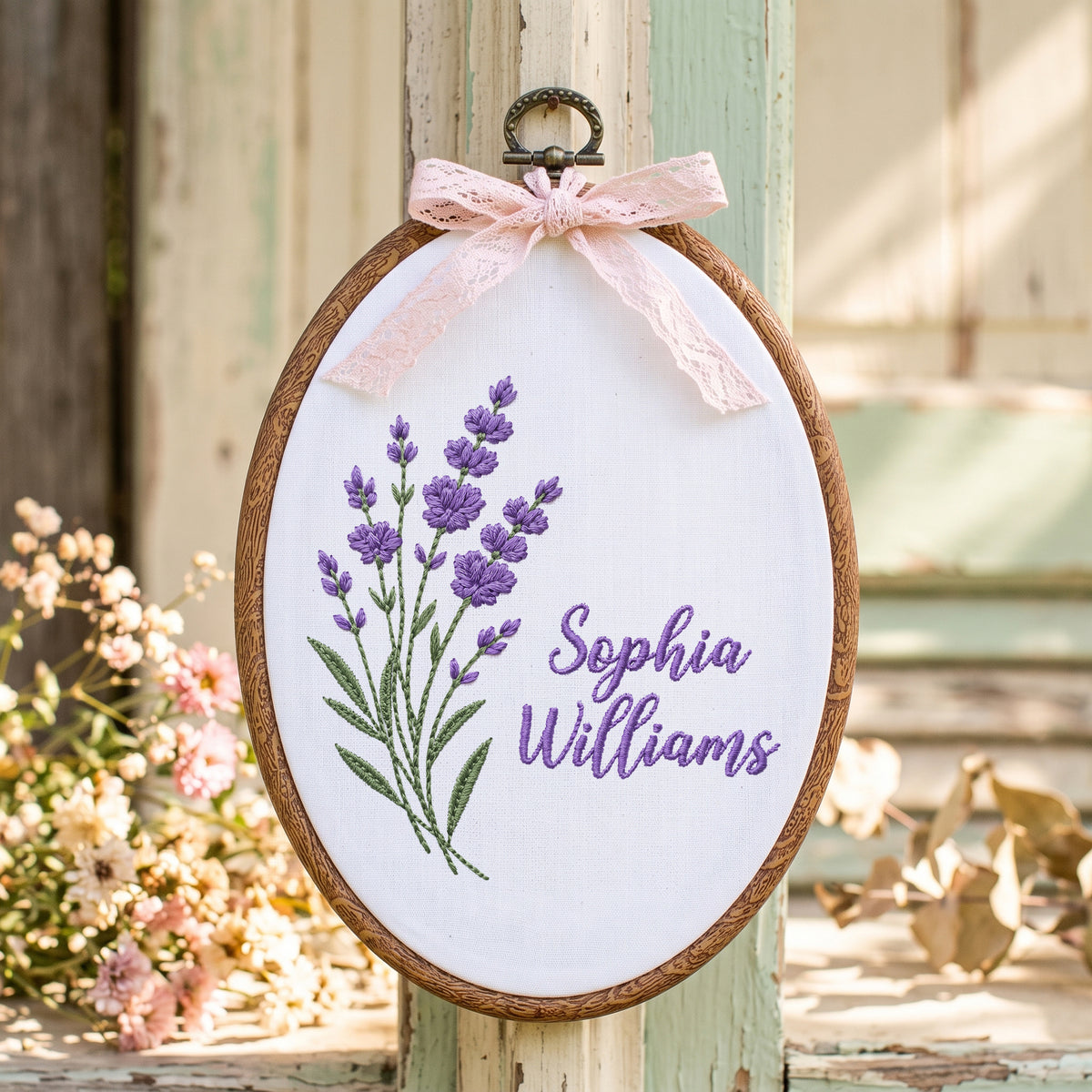 Custom Baby Name Lavender Stems Floral Branches Embroidery Hoop Art Nursery Decor Keepsake