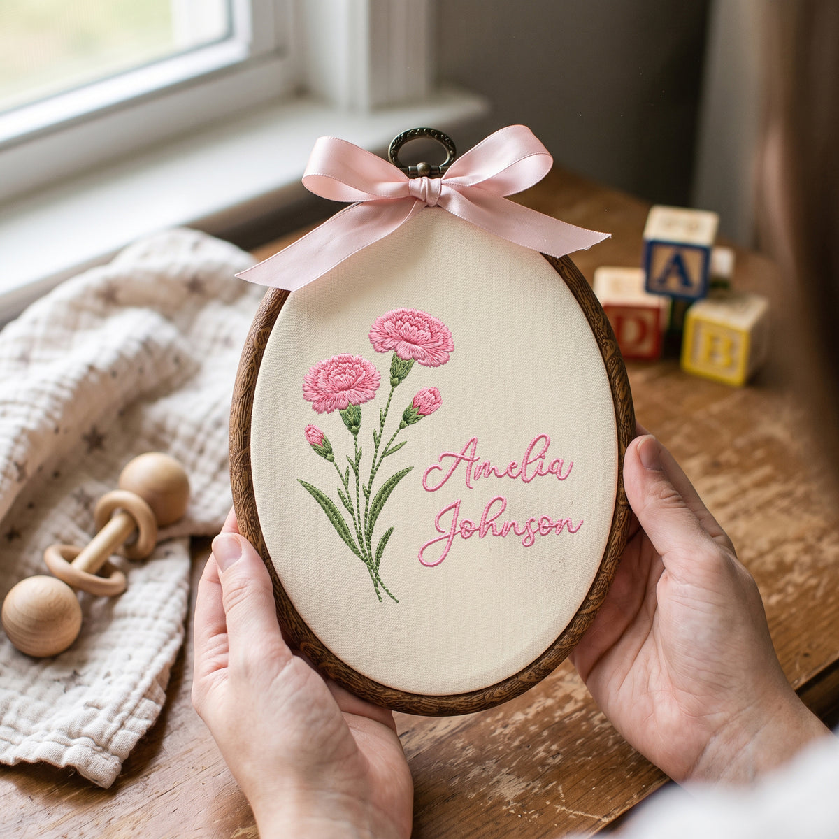 Personalized Baby Name Pink Carnations Floral Stems Embroidery Hoop Art Nursery Keepsake