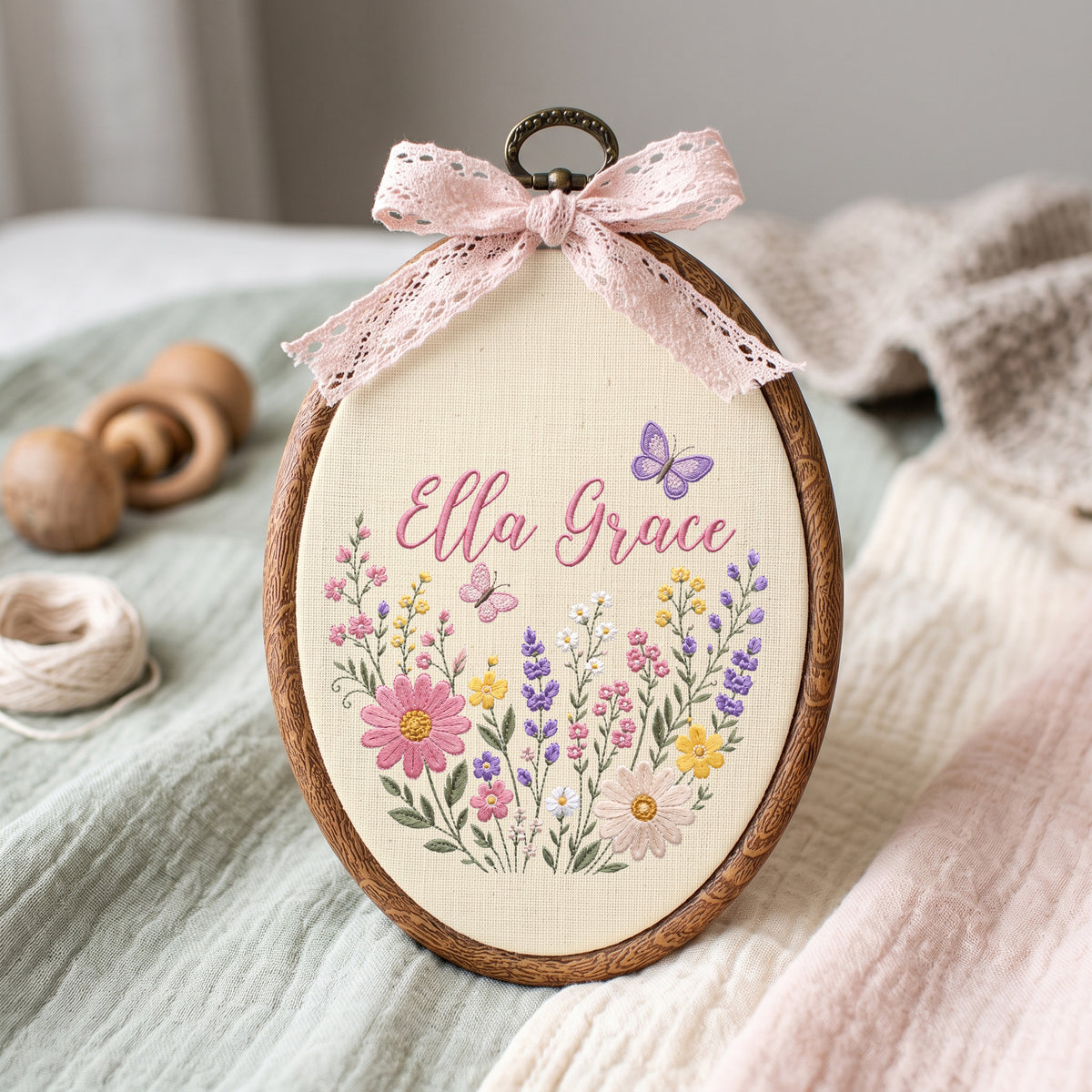 Personalized Baby Name Wildflowers Butterflies Embroidery Hoop Art Nursery Decor Keepsake