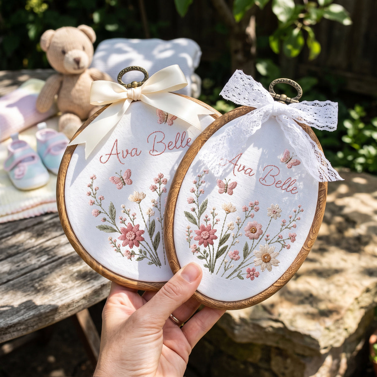 Personalized Blue Wildflowers Butterflies Embroidery Hoop Art Nursery Decor Keepsake