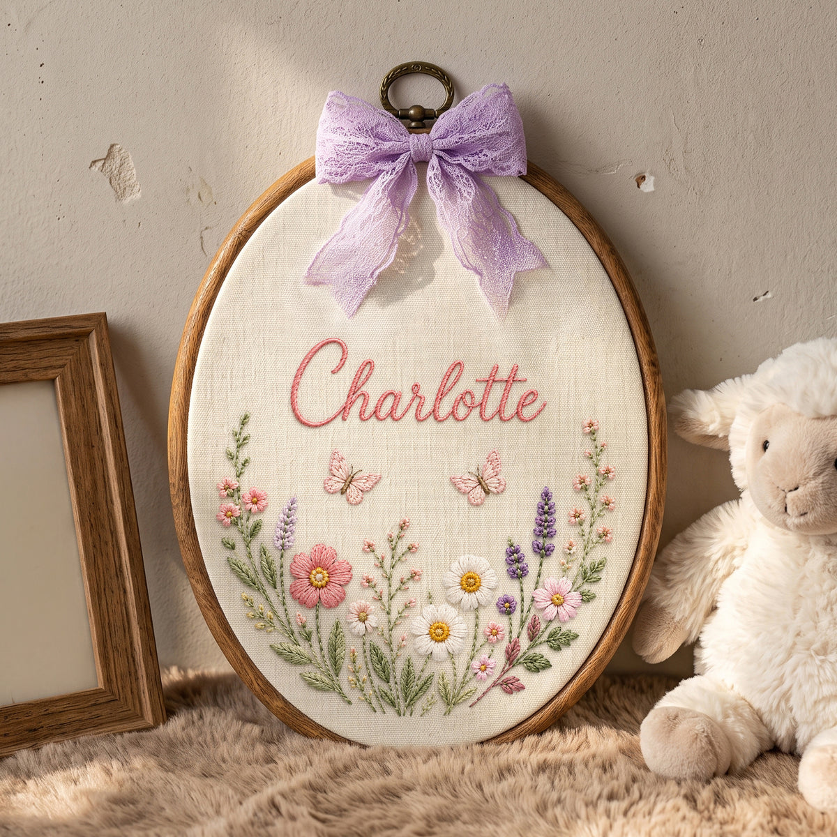 Personalized Sage Green Wildflowers Butterflies Embroidery Hoop Art Nursery Decor Keepsake