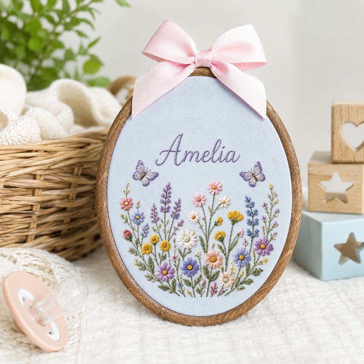 Personalized Baby Name Meadow Flowers Butterflies Embroidery Hoop Art Nursery Keepsake