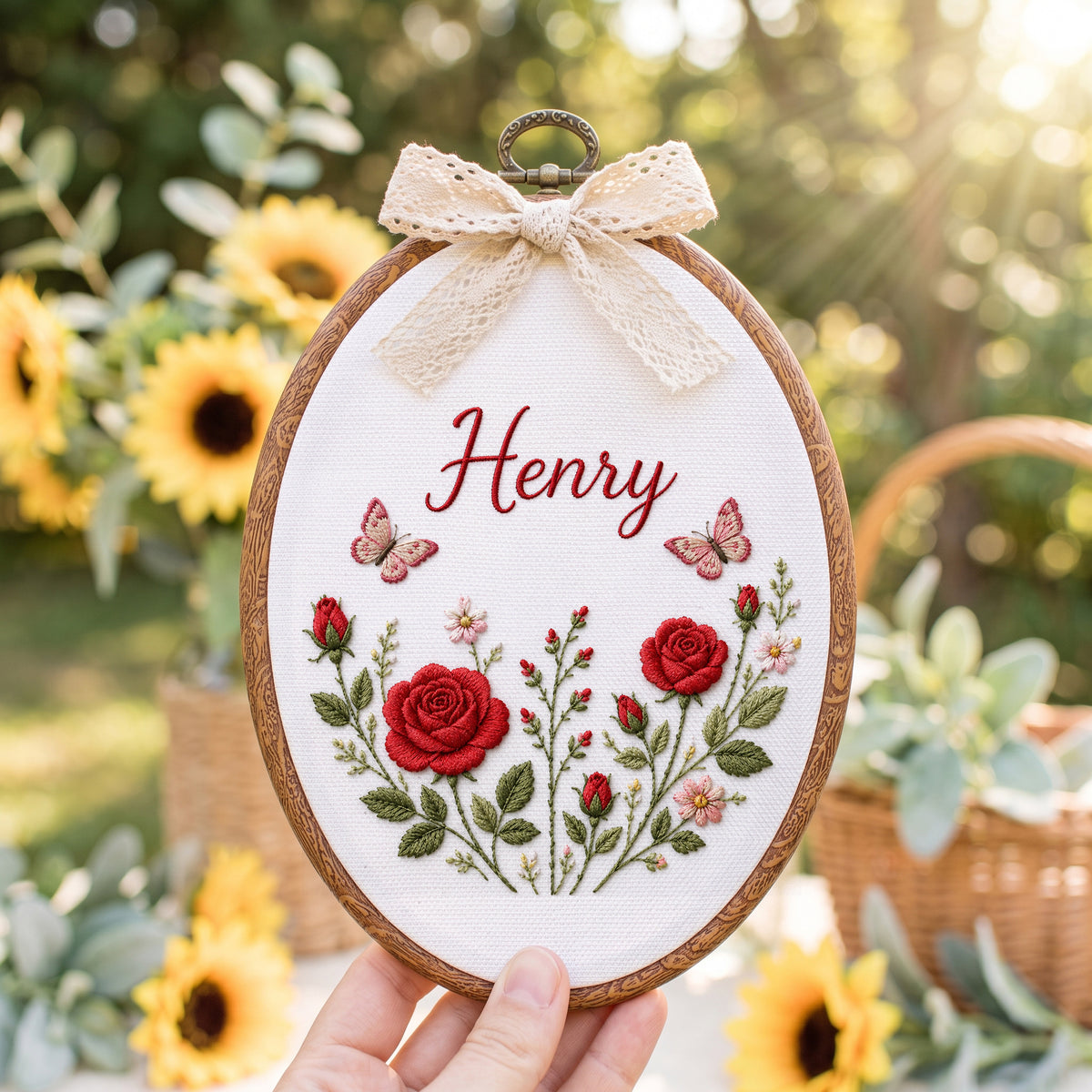 Personalized Baby Name Red Roses Butterflies Embroidery Hoop Art Nursery Decor Keepsake