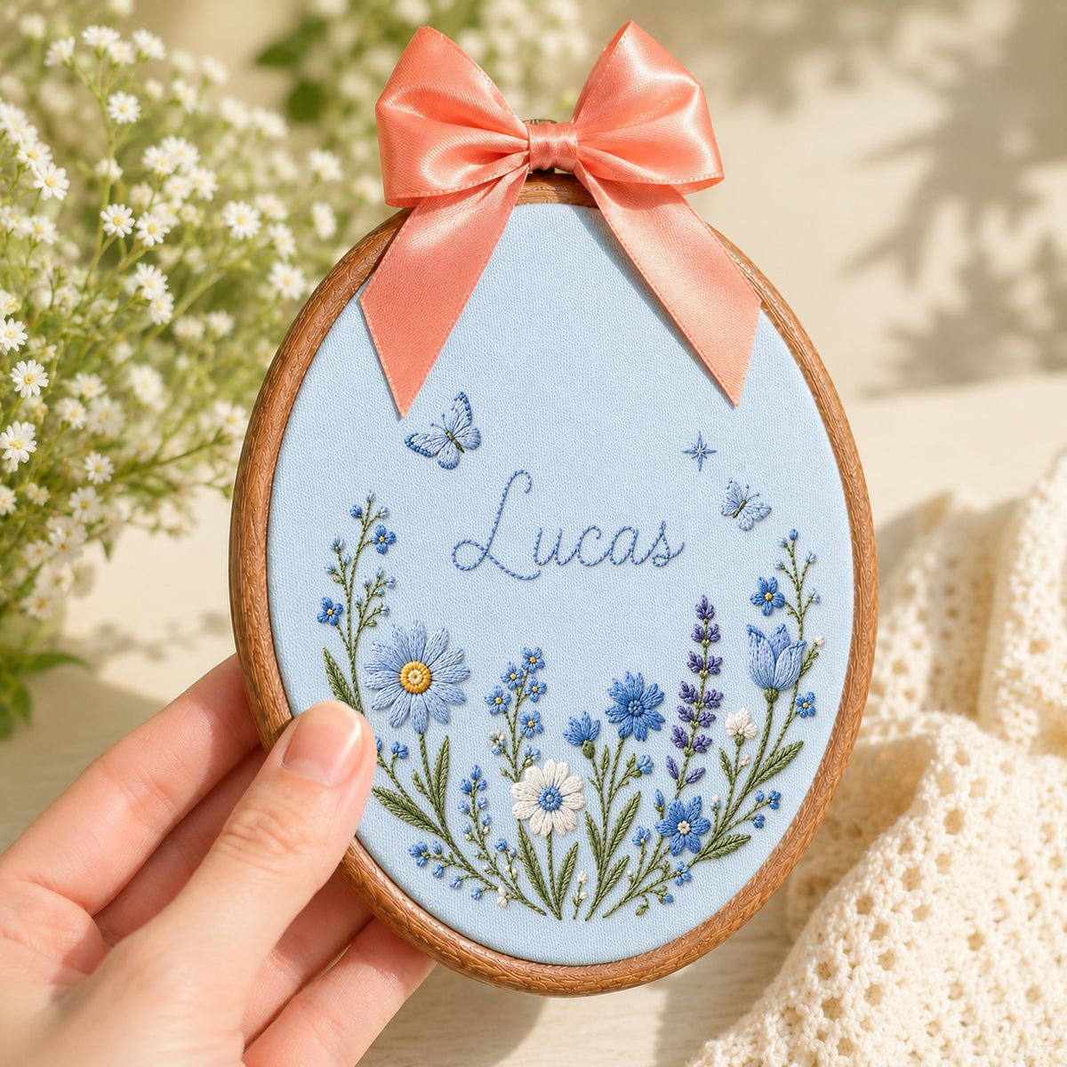 Personalized Baby Name Blue Floral Butterflies Embroidery Hoop Art Nursery Decor Keepsake