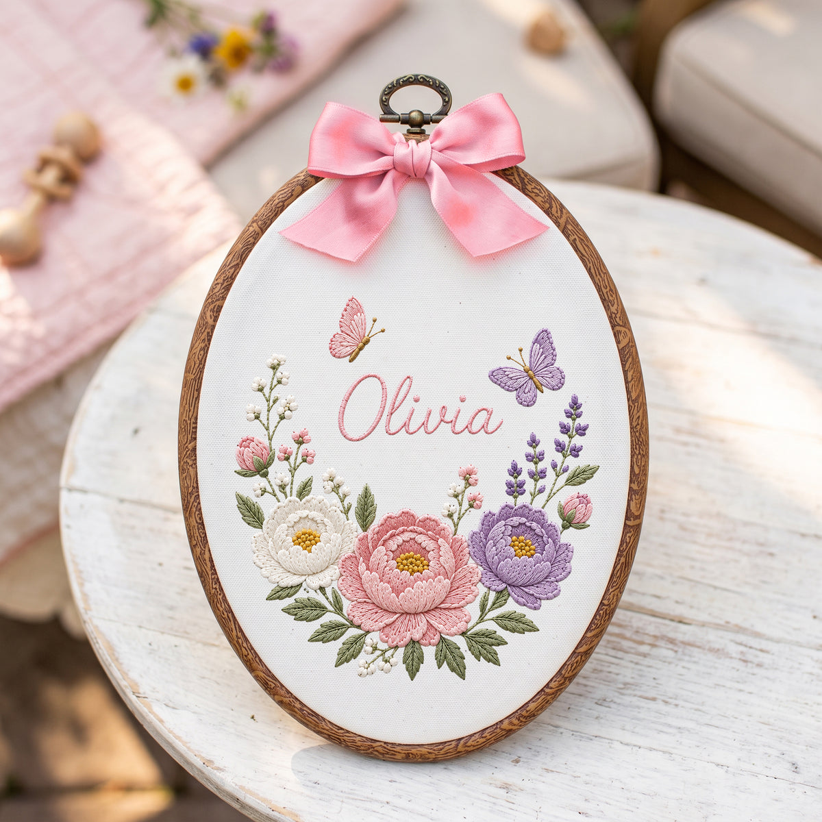 Personalized Baby Name Sage Green Floral Butterflies Embroidery Hoop Art Nursery Keepsake