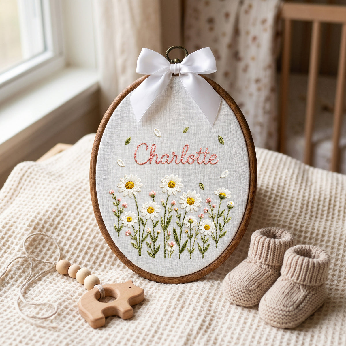 Personalized Baby Name Blue Daisy Flowers Embroidery Hoop Art Nursery Decor Keepsake