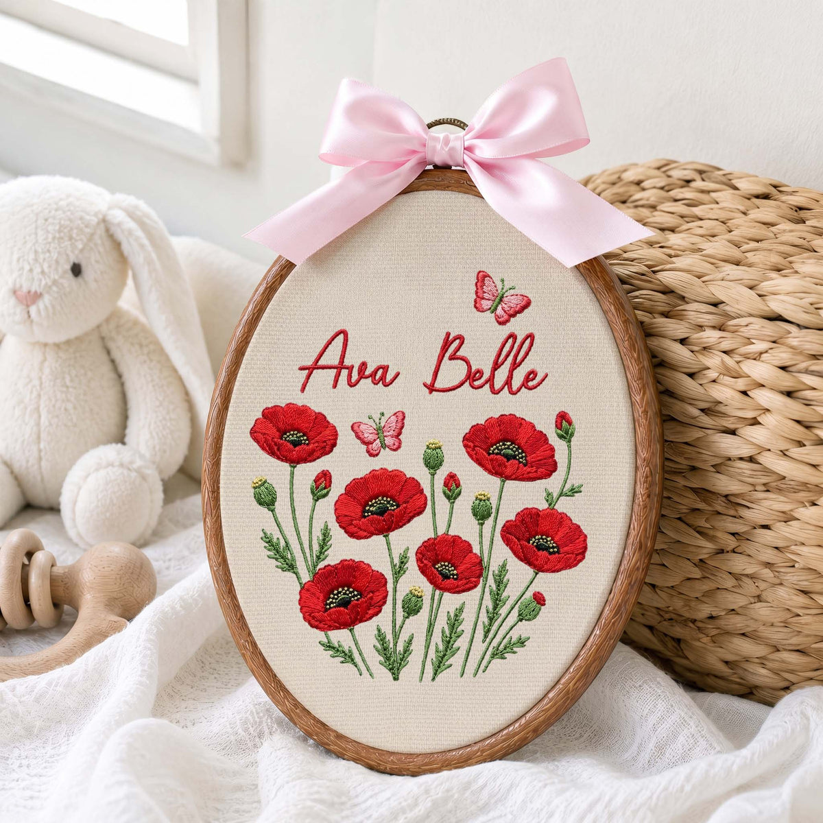 Personalized Baby Name Red Poppies Butterflies Embroidery Hoop Art Nursery Decor Keepsake