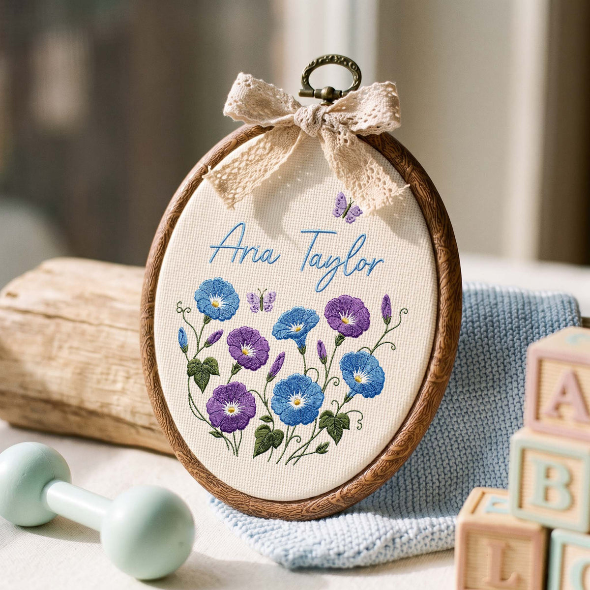 Custom Baby Name Morning Glory Butterflies Embroidery Hoop Art Nursery Decor Keepsake