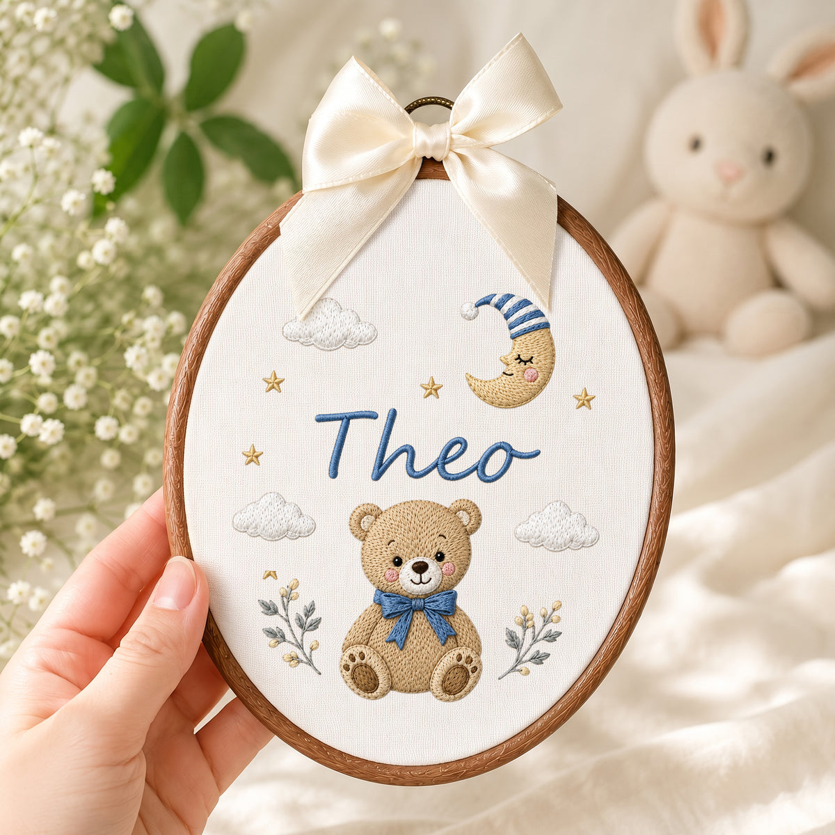 Purple Celestial Teddy Bear Moon Stars Embroidery Hoop Art Custom Nursery Keepsake