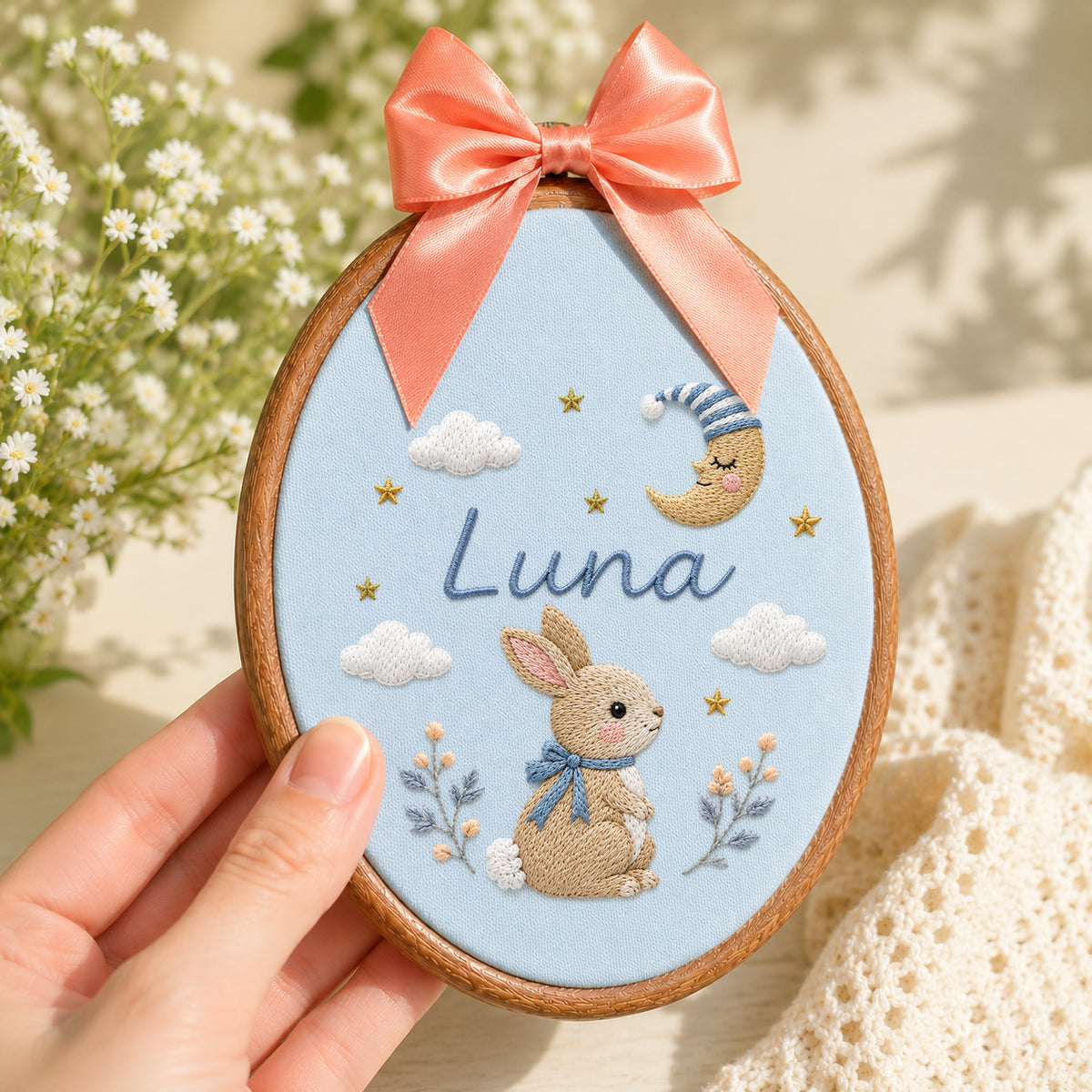 Custom Baby Name Celestial Bunny Moon Stars Embroidery Hoop Art Nursery Keepsake