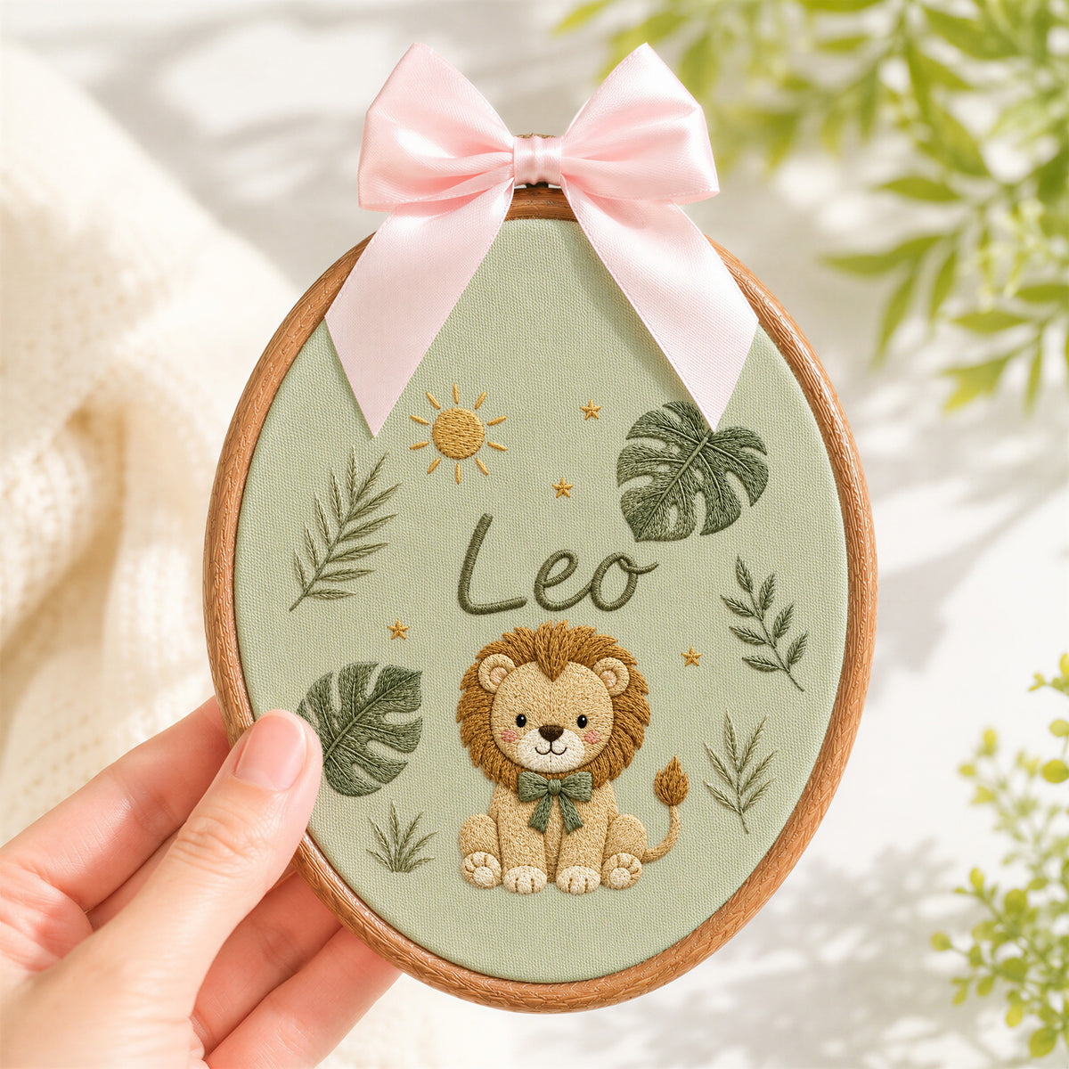 Personalized Baby Name Safari Lion Jungle Leaves Embroidery Hoop Art Nursery Keepsake