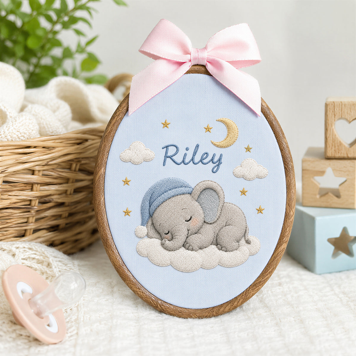 Custom Purple Gingham Elephant Sleepy Moon Stars Embroidery Hoop Art Nursery Keepsake