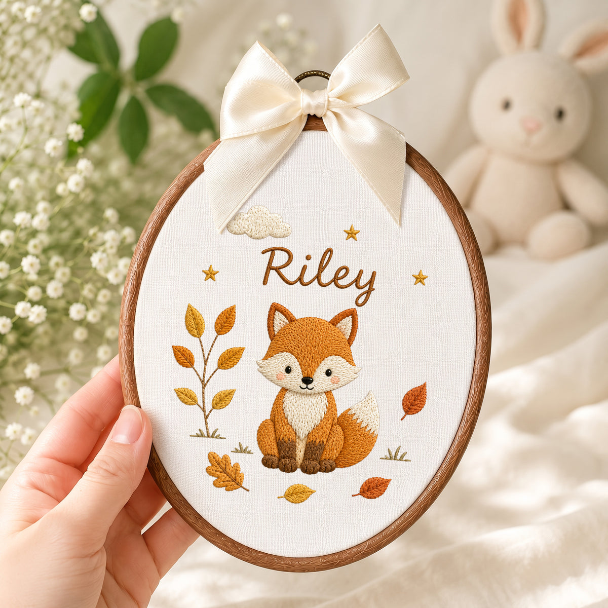 Personalized Purple Woodland Fox Autumn Leaves Embroidery Hoop Art Nursery Keepsake