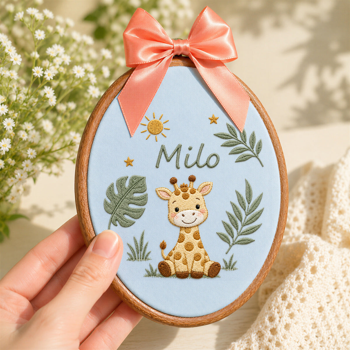 Custom Baby Name Safari Giraffe Jungle Leaves Embroidery Hoop Art Nursery Keepsake