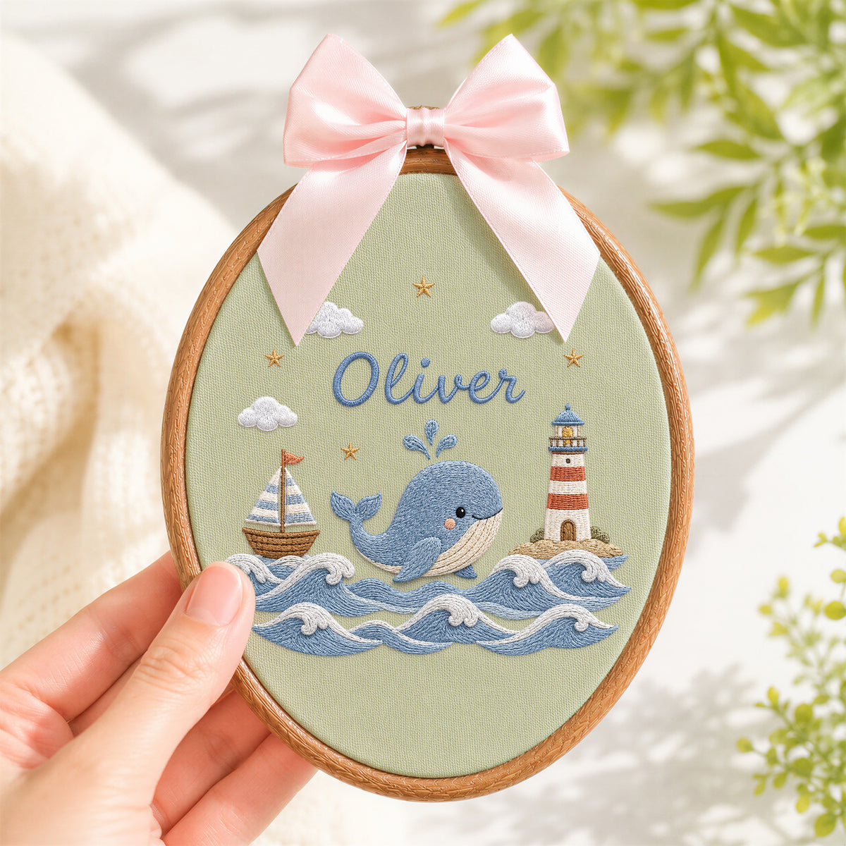 Personalized Baby Name Nautical Whale Lighthouse Sailboat Embroidery Hoop Art Keepsake