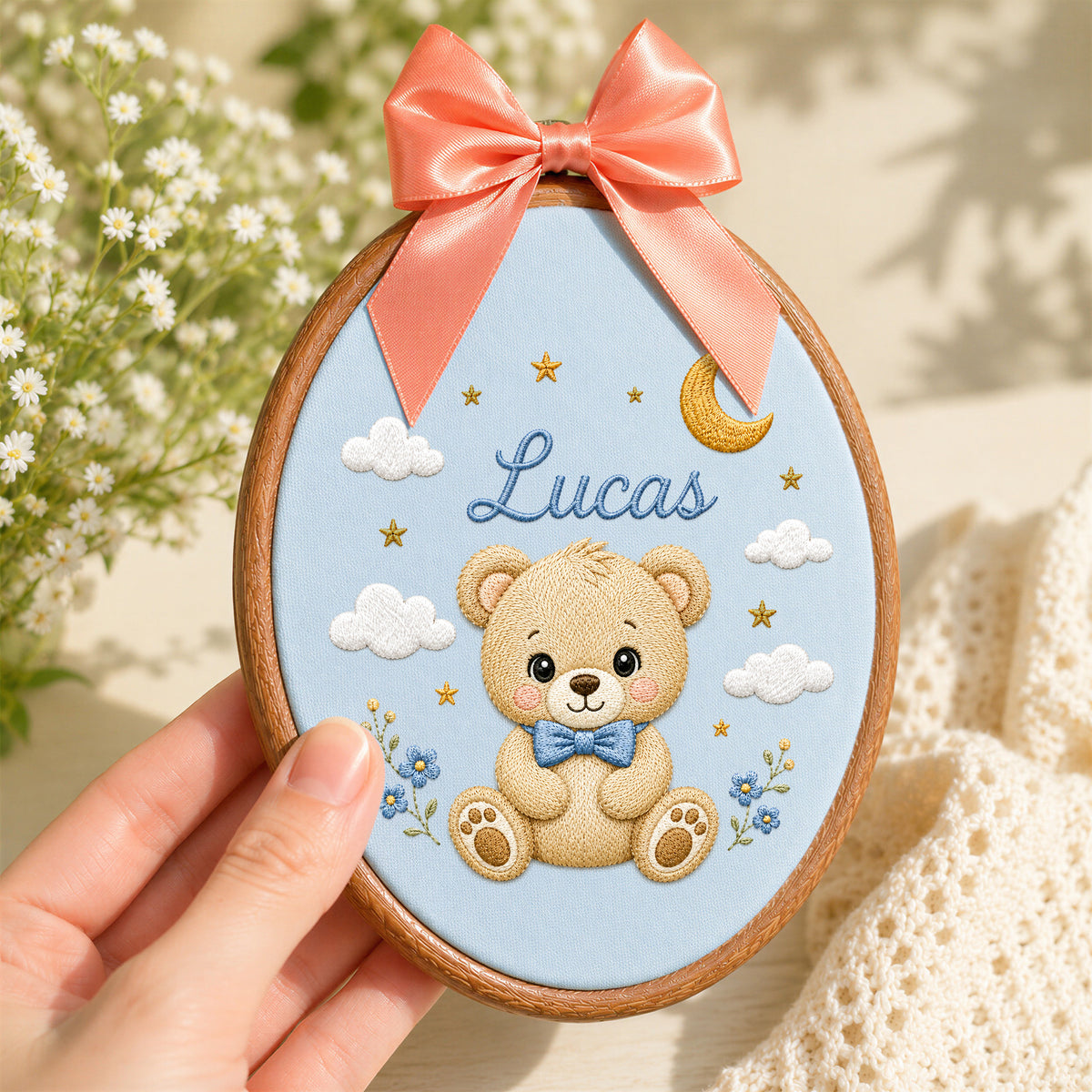 Custom Baby Name Celestial Teddy Bear Moon Stars Embroidery Hoop Art Nursery Keepsake