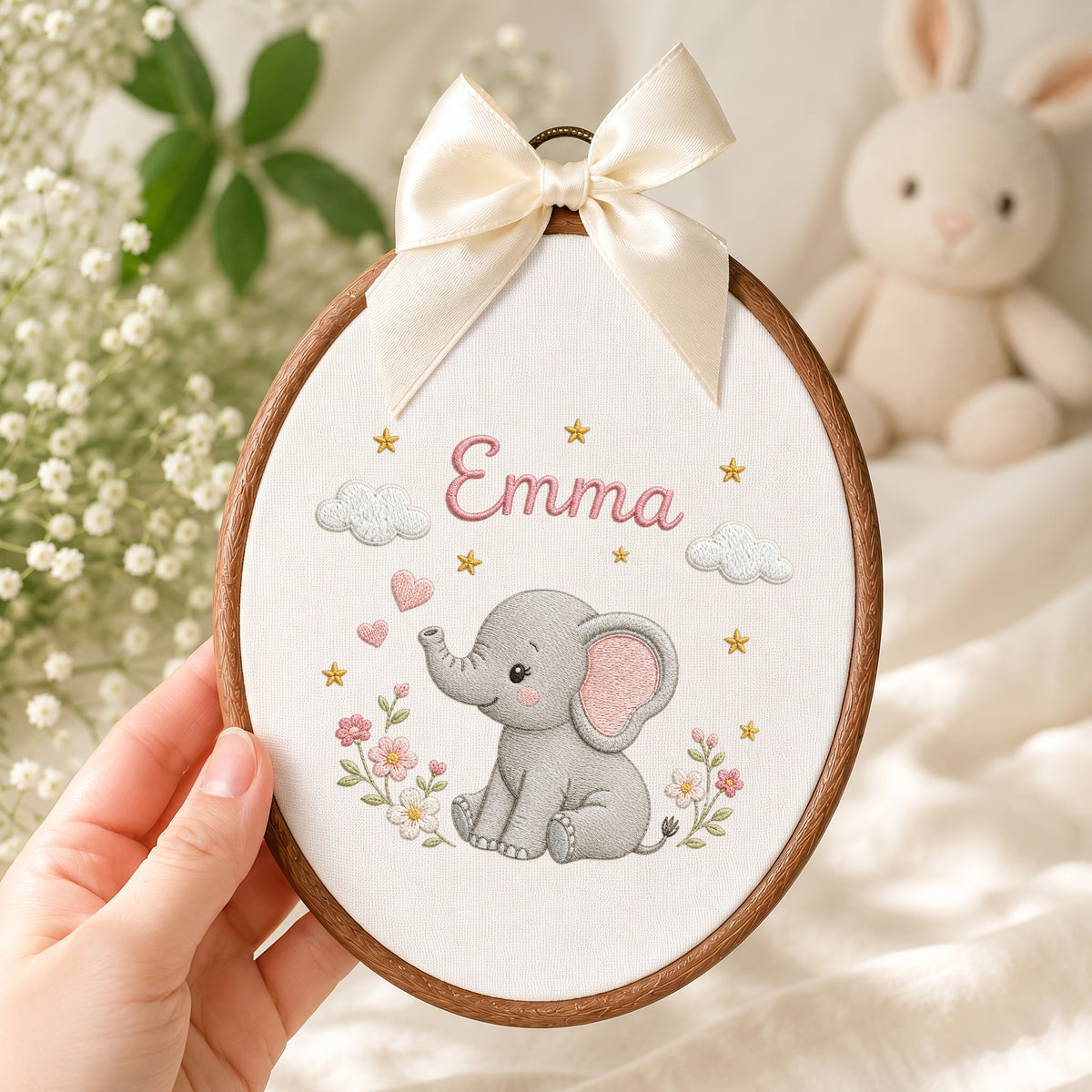 Personalized Purple Elephant Flowers Stars Embroidery Hoop Art Nursery Decor Keepsake