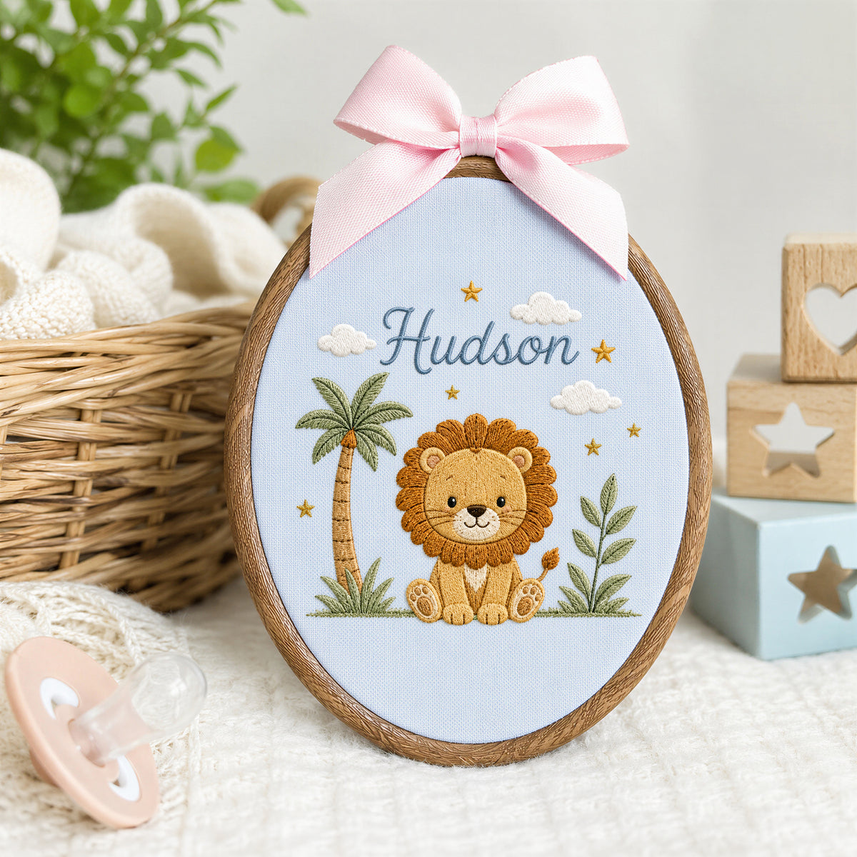Personalized Baby Name Safari Lion Palm Tree Embroidery Hoop Art Nursery Decor Keepsake