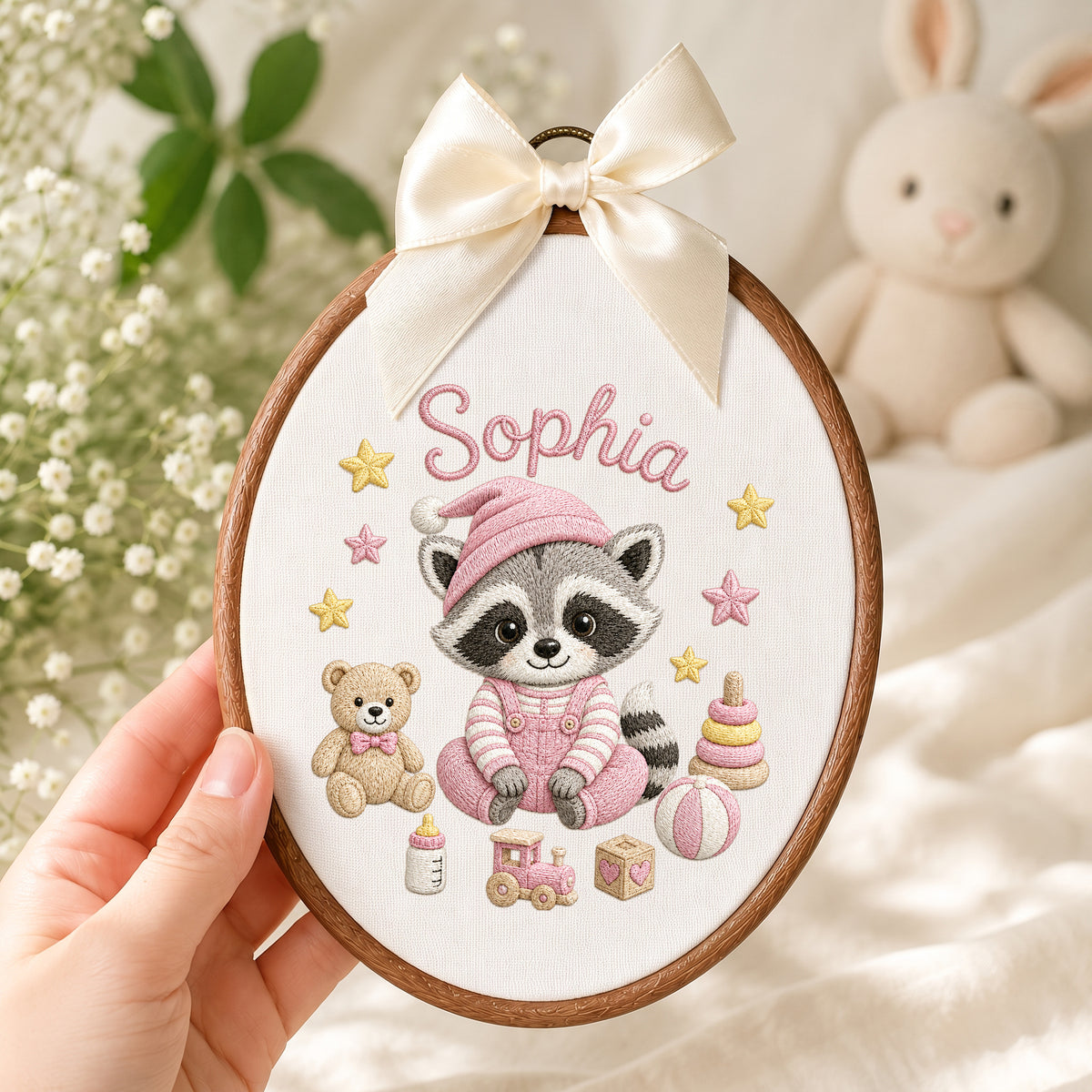 Personalized Purple Raccoon Toys Stars Embroidery Hoop Art Nursery Decor Keepsake