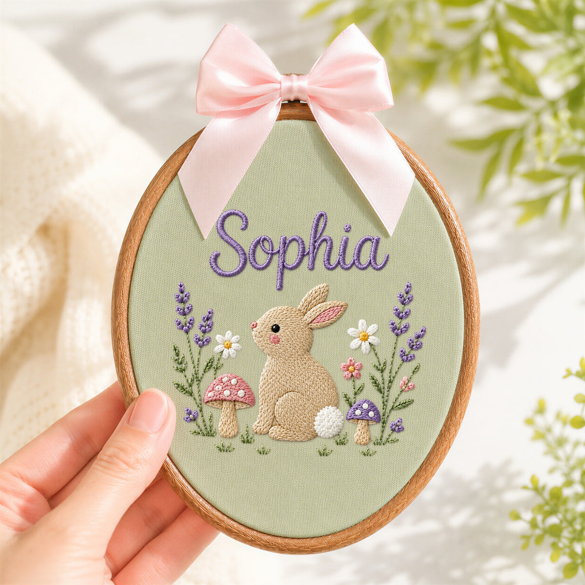 Custom Baby Name Bunny Mushrooms Lavender Flowers Embroidery Hoop Art Nursery Keepsake