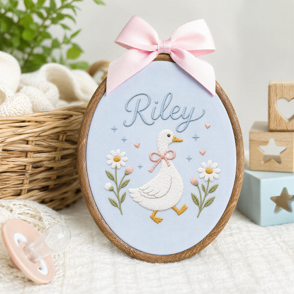 Custom Baby Name Goose Daisy Flowers Hearts Embroidery Hoop Art Nursery Decor Keepsake