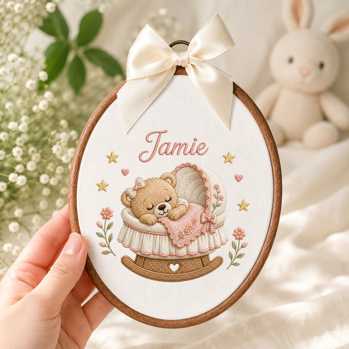 Custom Purple Sleeping Teddy Bear Bassinet Stars Embroidery Hoop Art Nursery Keepsake