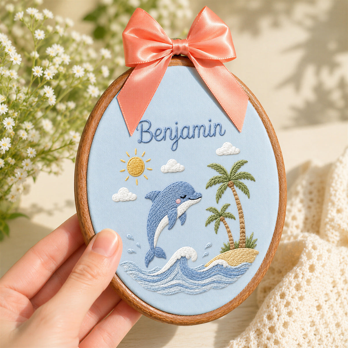 Custom Baby Name Dolphin Tropical Palm Trees Embroidery Hoop Art Nursery Decor Keepsake
