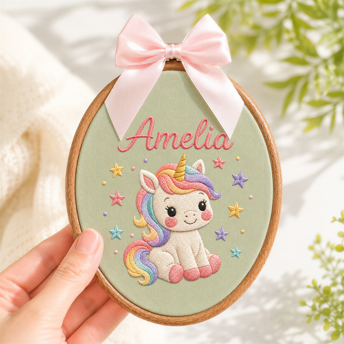 Personalized Baby Name Unicorn Rainbow Mane Stars Embroidery Hoop Art Nursery Keepsake