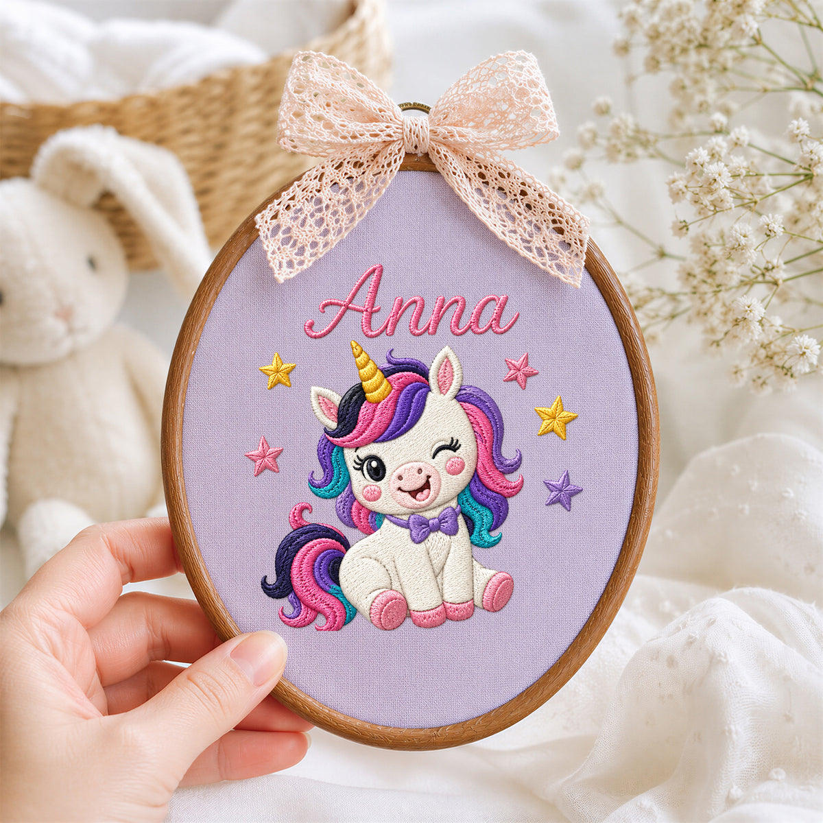 Custom Baby Name Winking Unicorn Stars Bow Embroidery Hoop Art Nursery Decor Keepsake