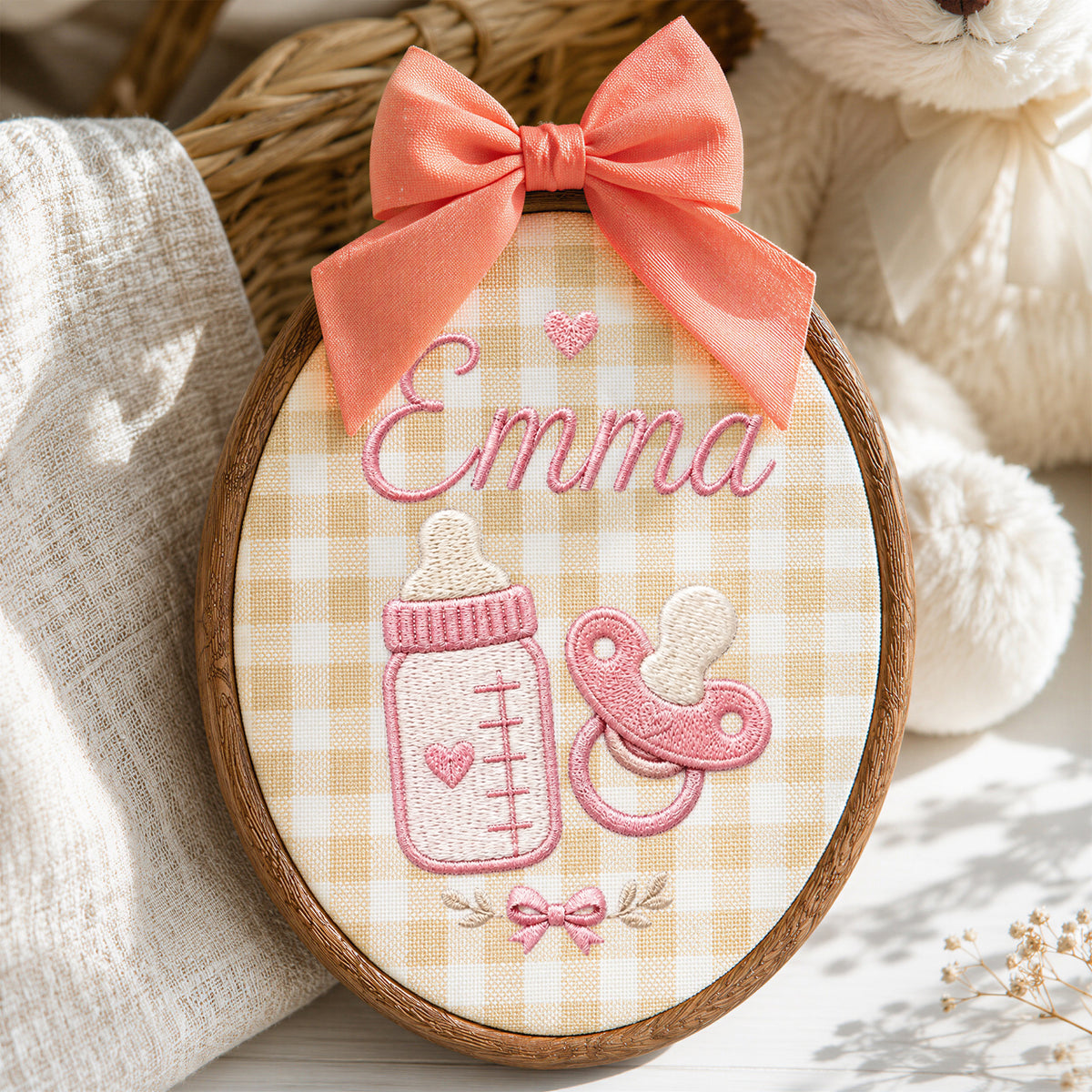 Personalized Baby Bottle Pacifier Embroidery Hoop Art Custom Nursery Decor Keepsake