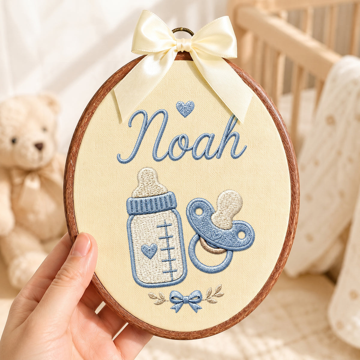Handmade Baby Bottle Pacifier Embroidery Hoop Art Custom Nursery Wall Decor Keepsake