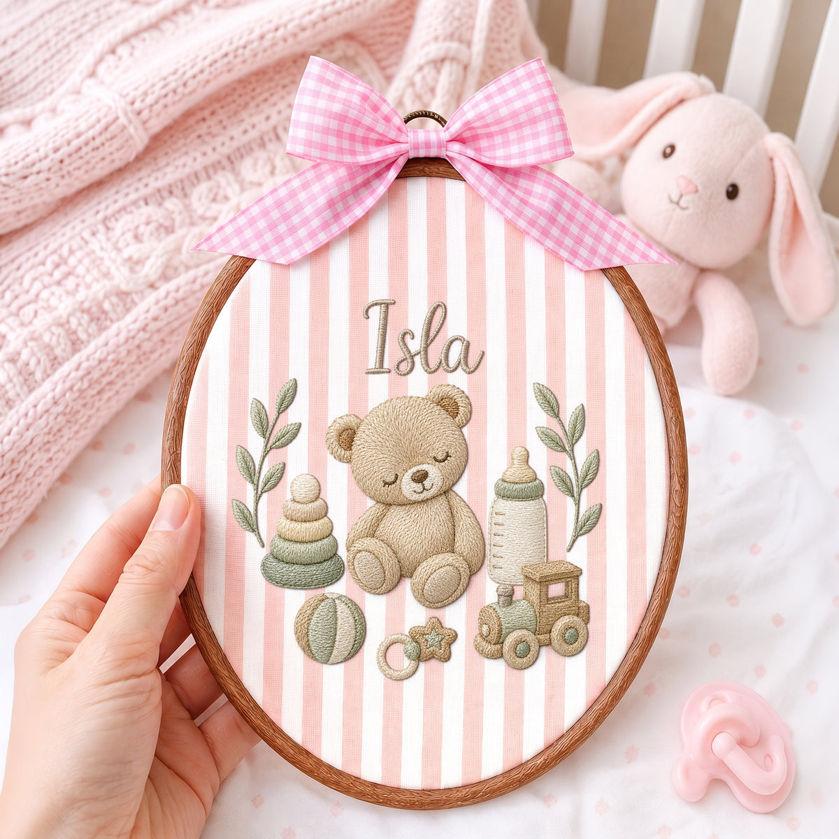 Personalized Baby Name Teddy Bear Toys Embroidery Hoop Art Custom Nursery Decor Keepsake