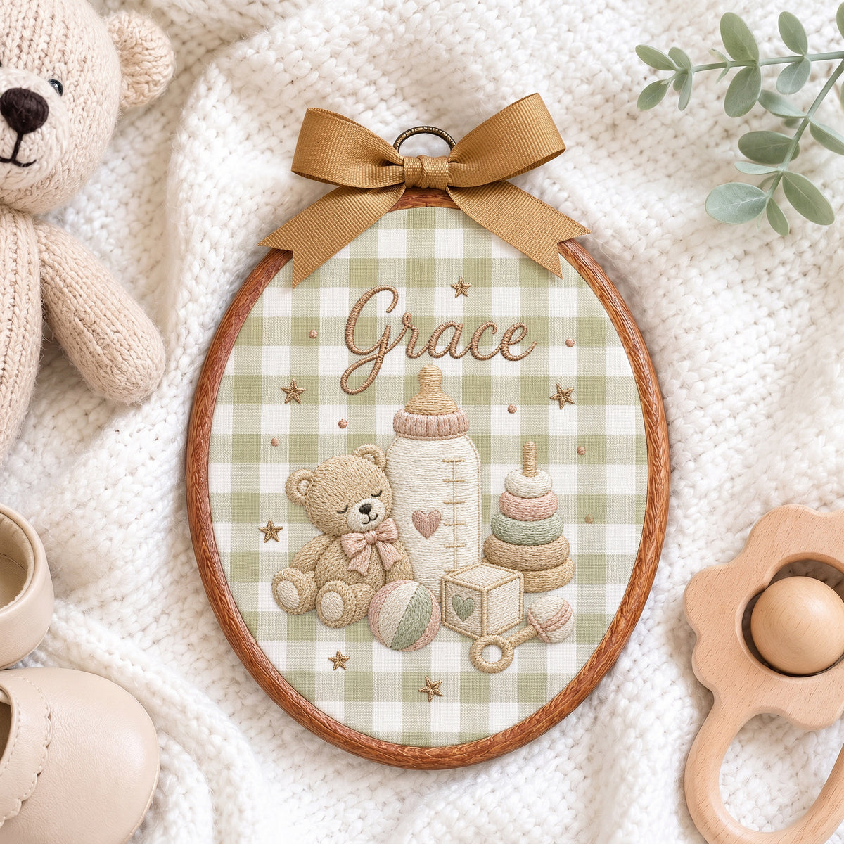Personalized Baby Name Gingham Teddy Bear Toys Embroidery Hoop Art Nursery Keepsake