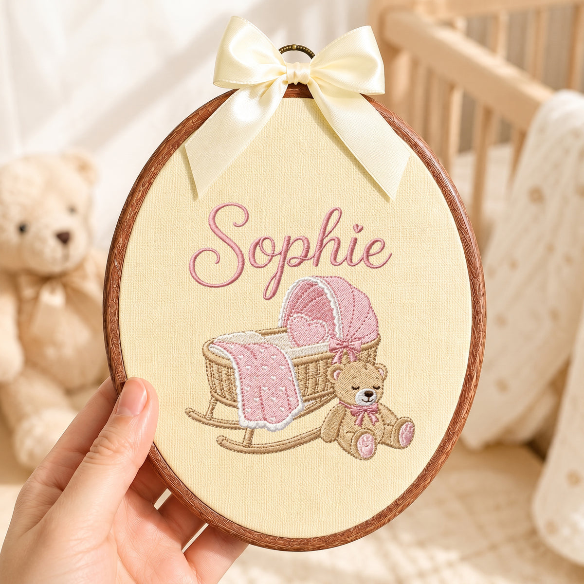 Personalized Baby Name Gingham Rocking Cradle Teddy Bear Embroidery Hoop Art Keepsake