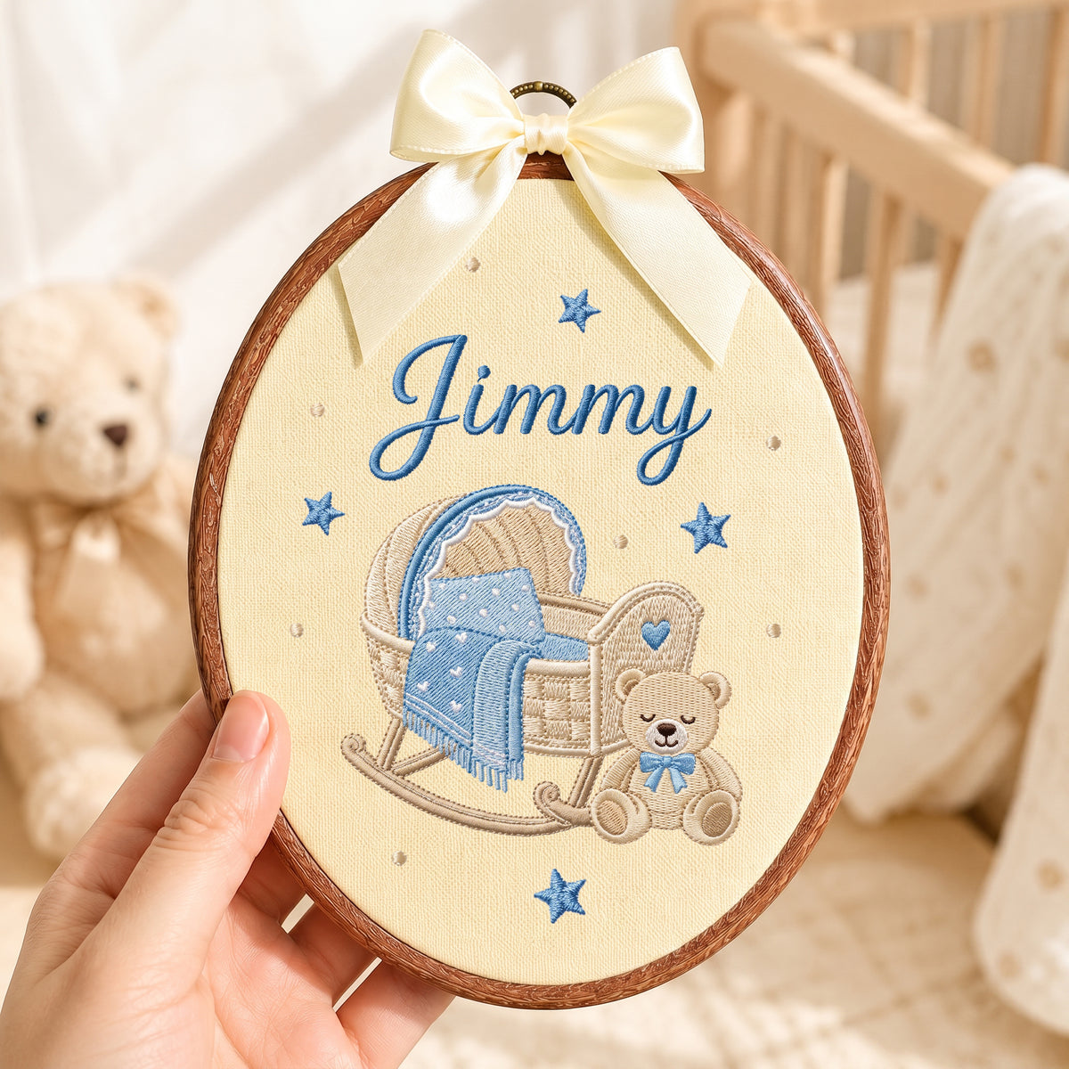 Handmade Baby Name Rocking Cradle Teddy Bear Embroidery Hoop Art Nursery Keepsake