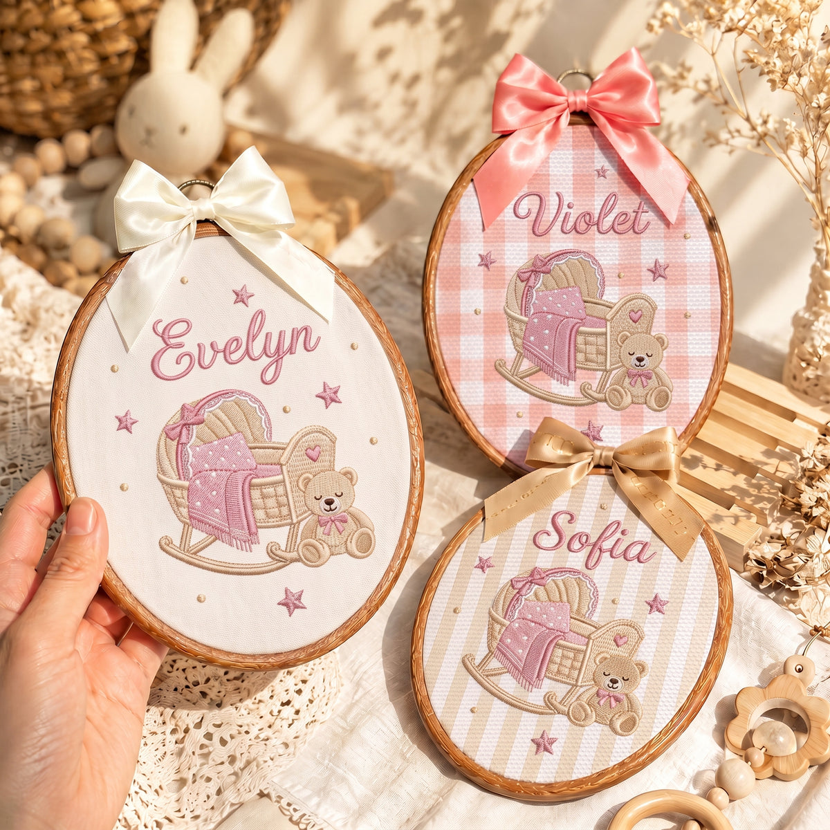 Personalized Baby Name Rocking Cradle Teddy Bear Embroidery Hoop Art Nursery Keepsake