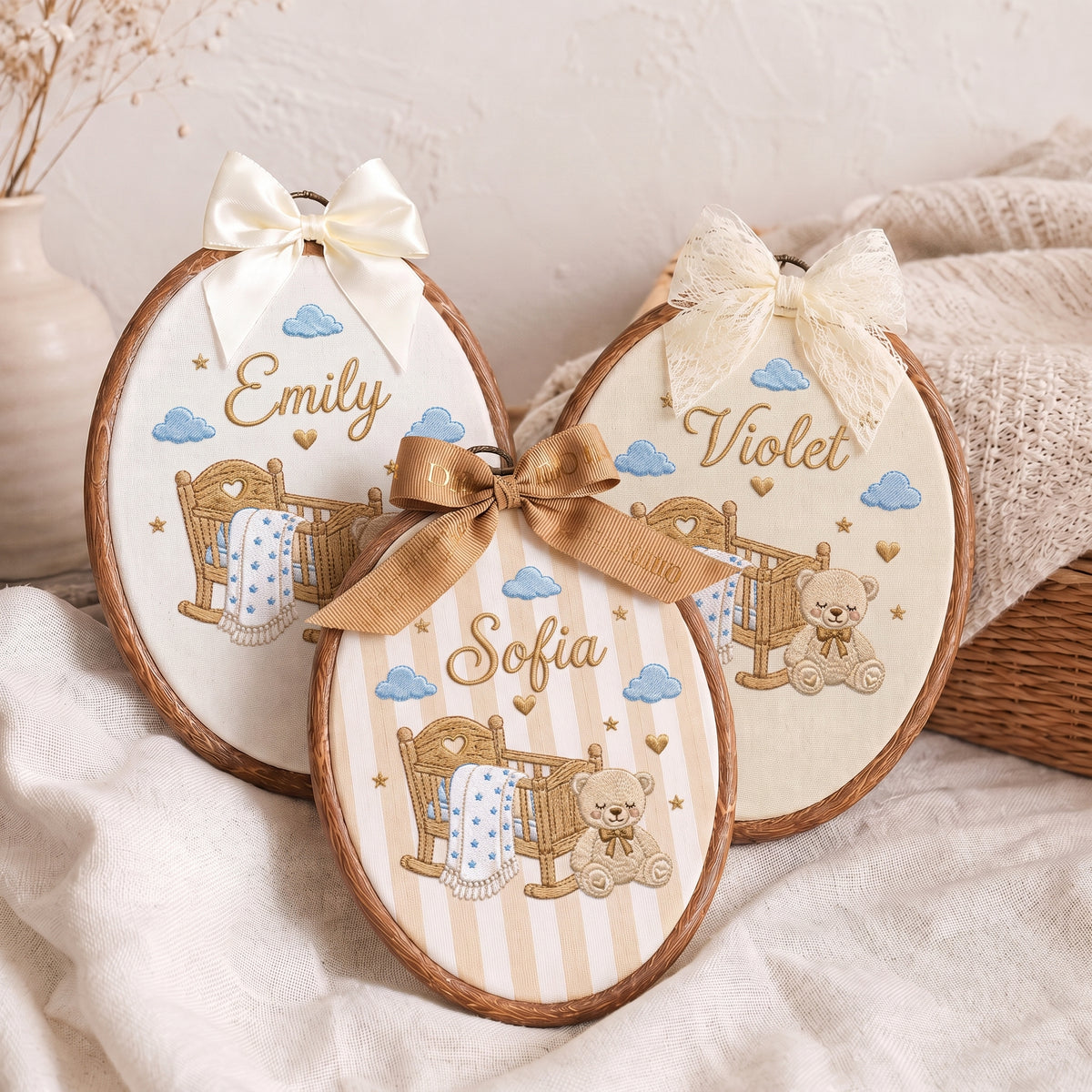 Personalized Baby Name Rocking Cradle Teddy Bear Stars Embroidery Hoop Art Keepsake