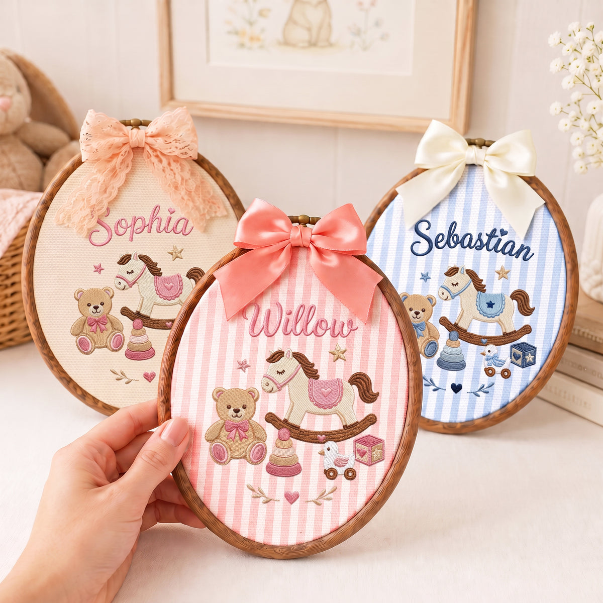 Personalized Baby Name Rocking Horse Teddy Bear Toys Embroidery Hoop Art Keepsake