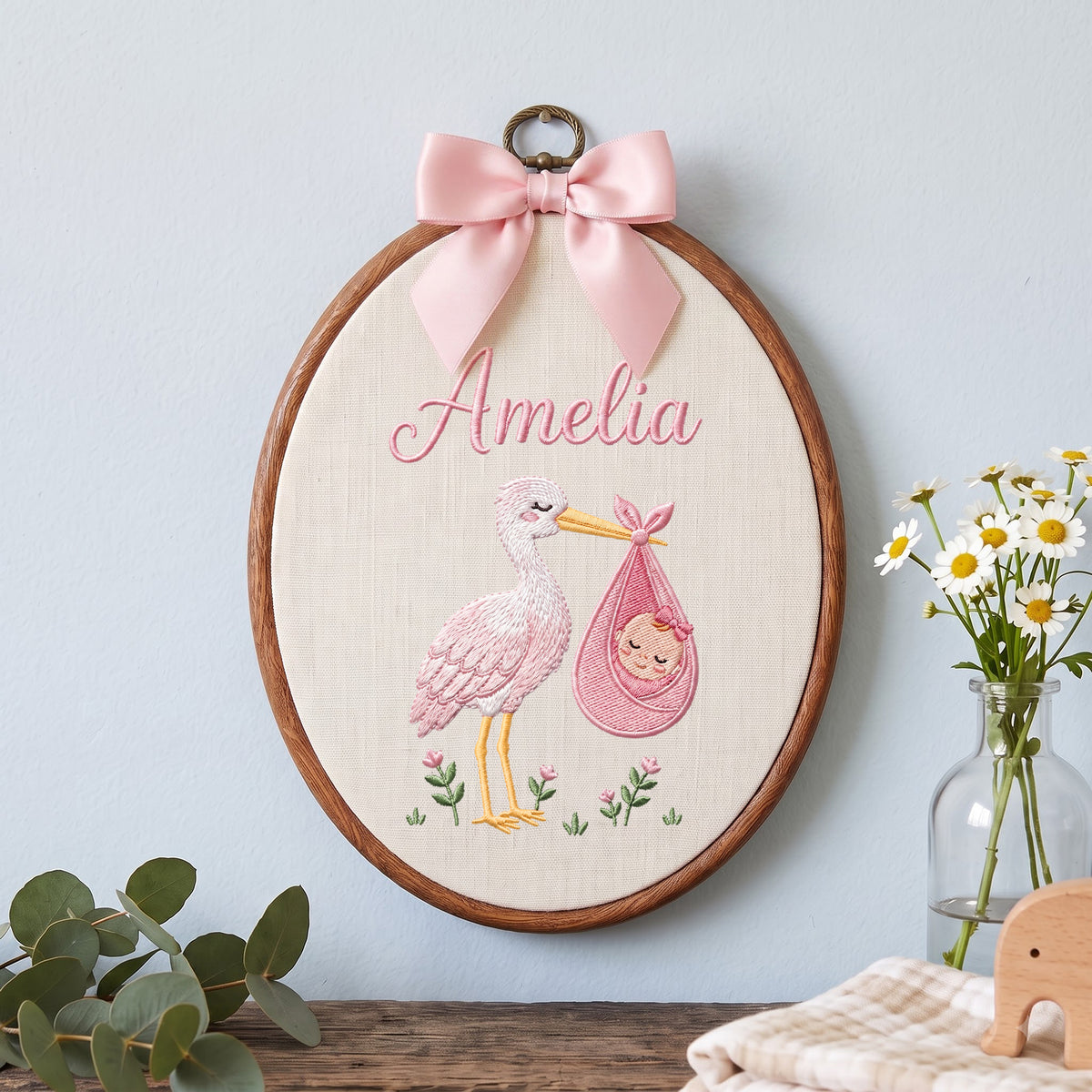 Custom Baby Name Stork Bird Bundle Embroidery Hoop Art Custom Nursery Decor Keepsake