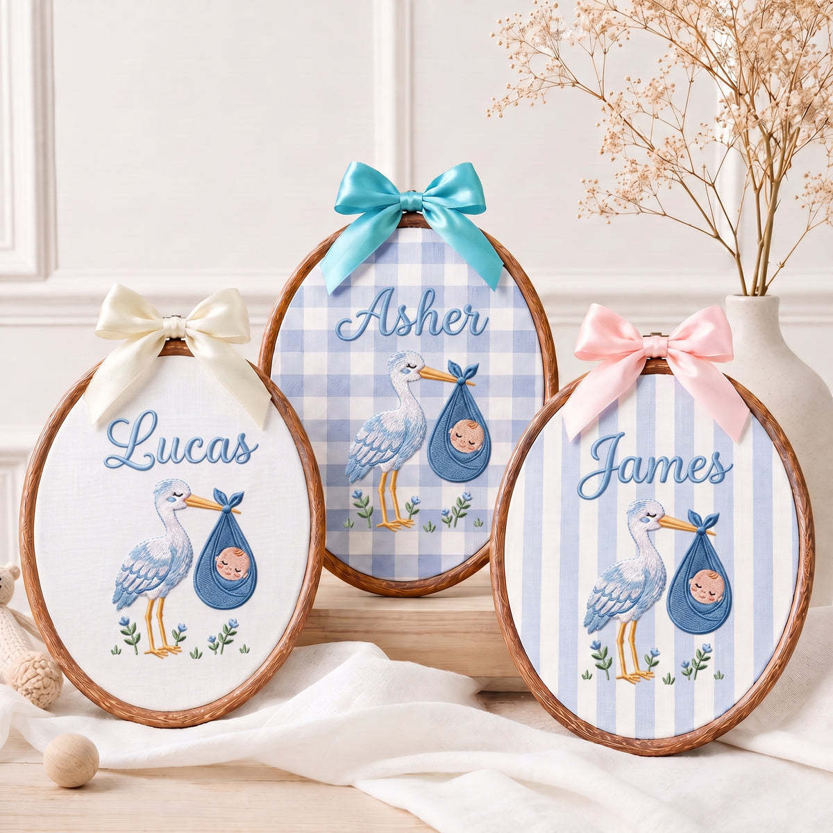 Handmade Baby Name Stork Bird Bundle Embroidery Hoop Art Custom Nursery Decor Keepsake