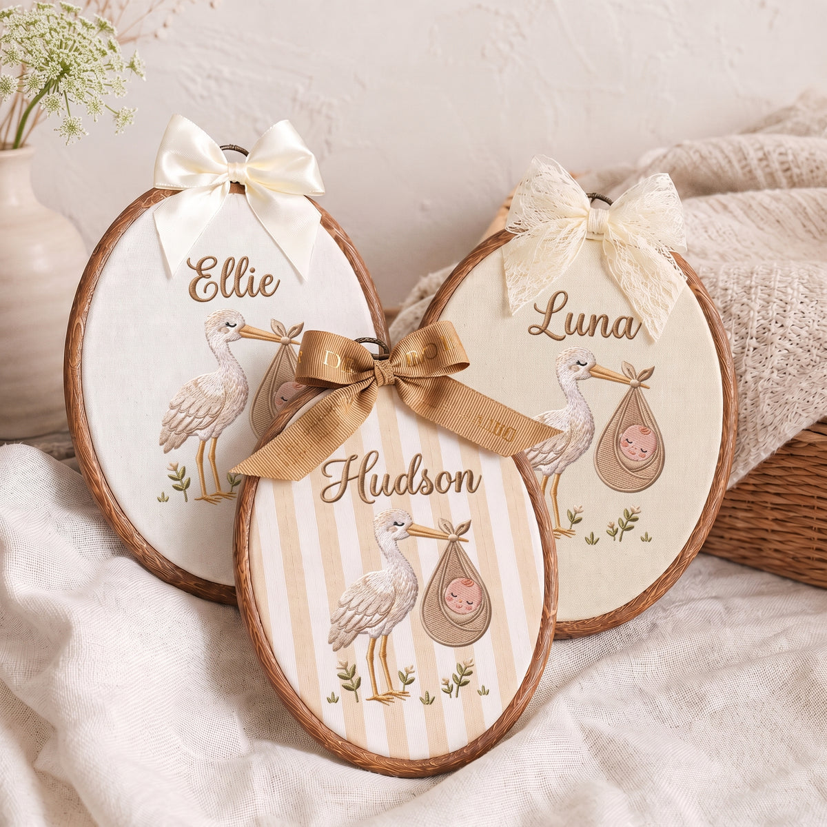 Neutral Beige Stork Bird Bundle Embroidery Hoop Art Custom Nursery Decor Keepsake