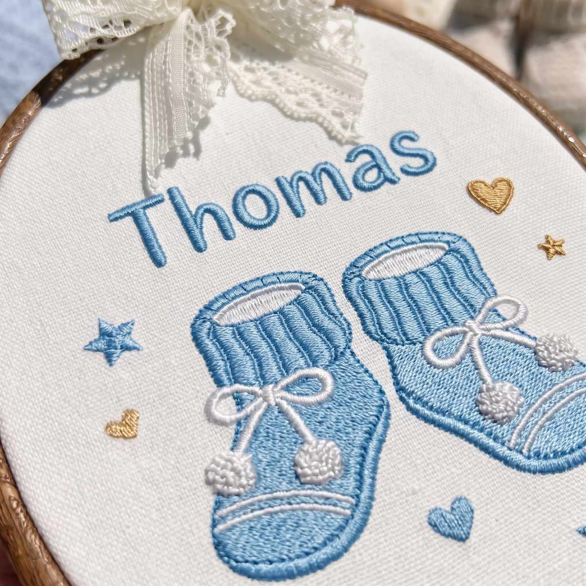 Personalized Baby Name Knitted Booties Embroidery Hoop Art Custom Nursery Keepsake