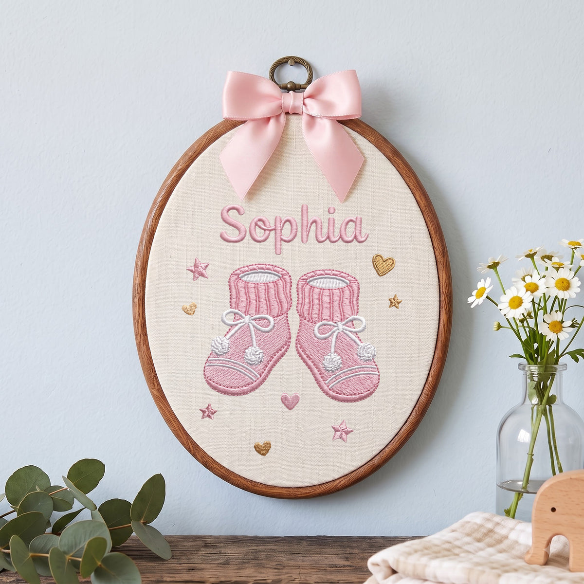 Handmade Baby Name Knitted Booties Embroidery Hoop Art Custom Nursery Decor Keepsake