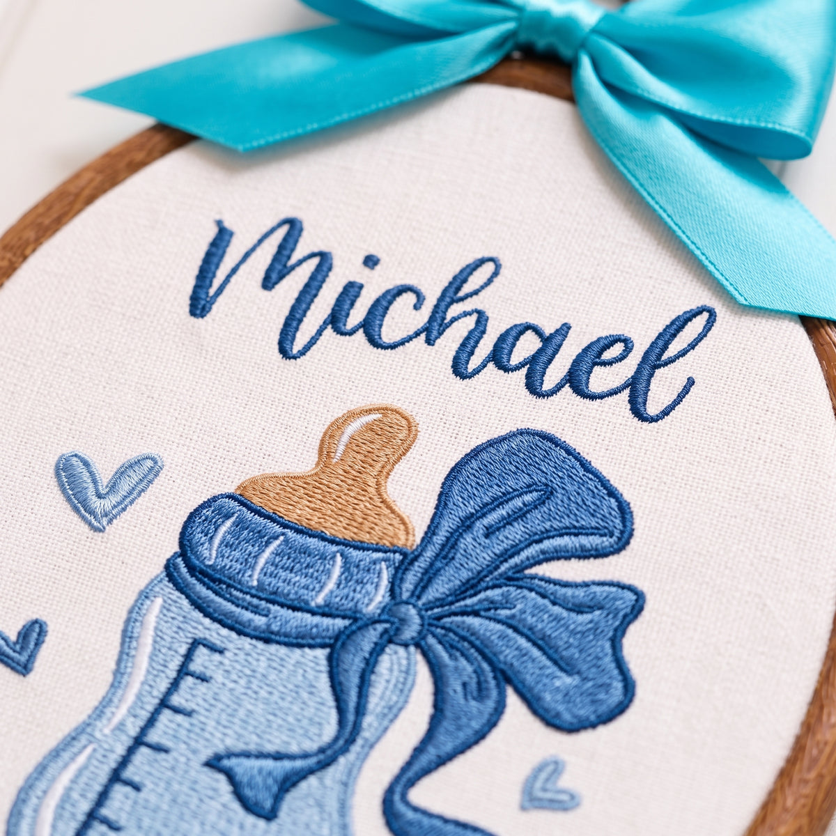 Personalized Baby Name Blue Feeding Bottle Embroidery Hoop Art Nursery Decor Keepsake