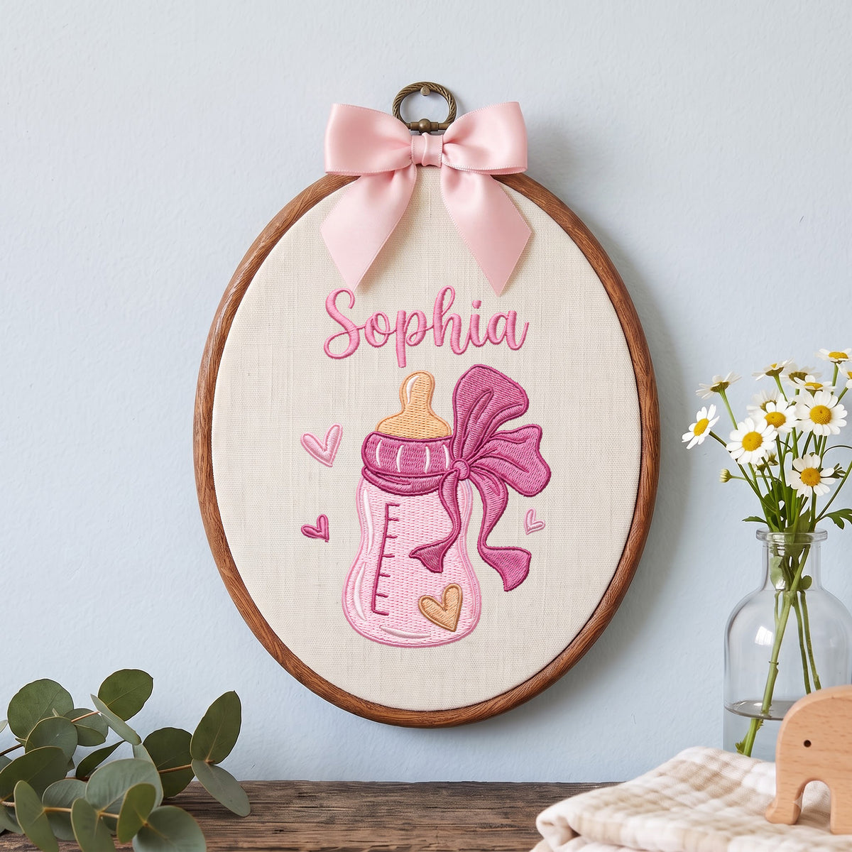 Personalized Baby Name Pink Feeding Bottle Embroidery Hoop Art Nursery Decor Keepsake