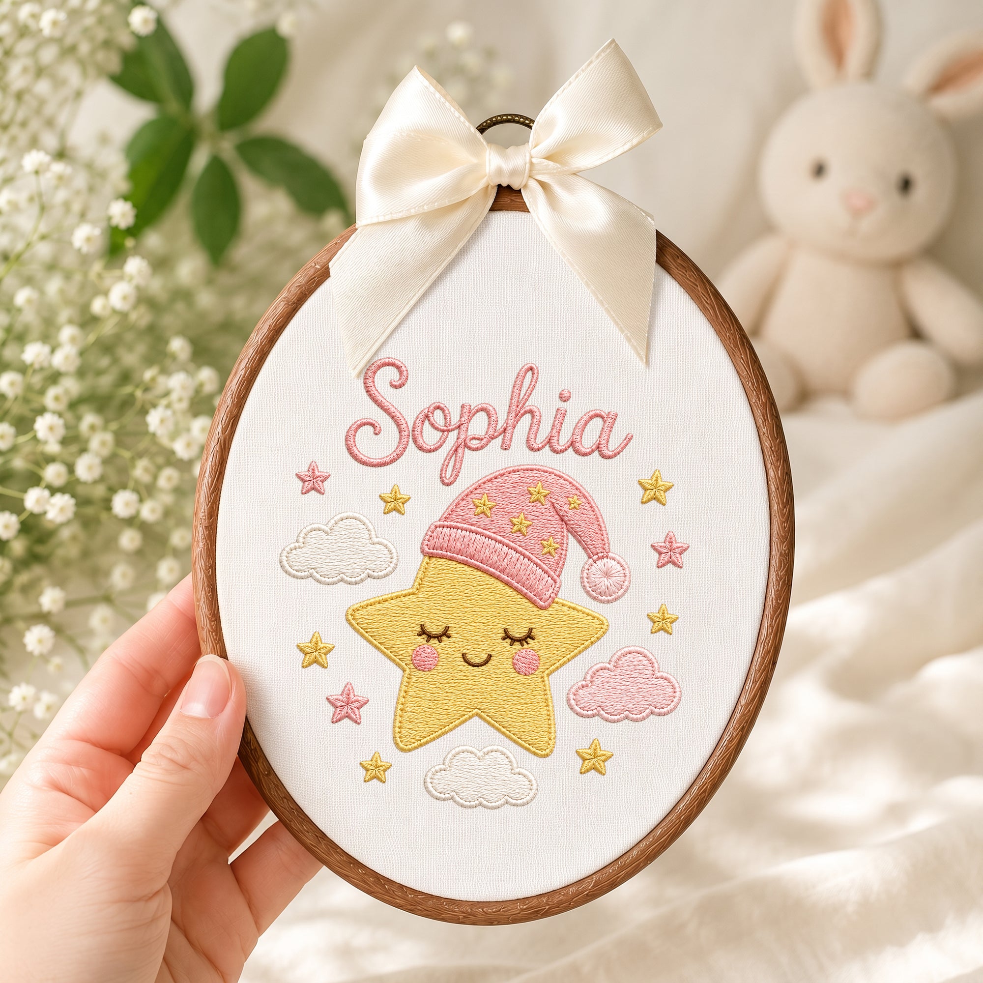 Personalized Baby Name Embroidered Hoop Wall Art - Sleeping Star Nursery Sign Gift