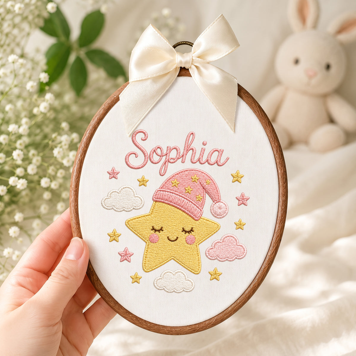 Personalized Baby Name Sleepy Star Embroidery Hoop Art Custom Nursery Decor Keepsake